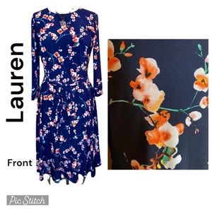 LAUREN Navy Long Sleeve Cherry Blossom  Dress / Very Stretchy Size 12 Belted